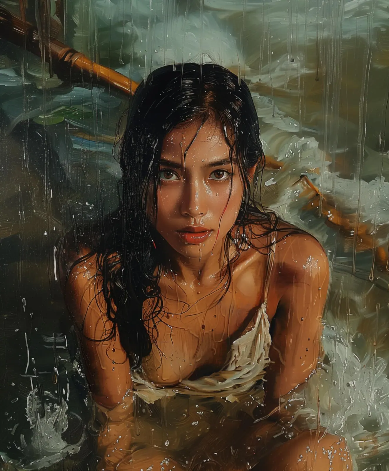 Plate 01 from the Filipina collection: a woman standing in heavy rain, hair and dress soaked, water breaking around her.