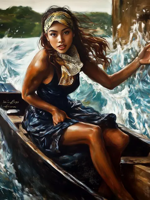Plate 03: a woman bracing herself in a small boat as waves break over the bow.