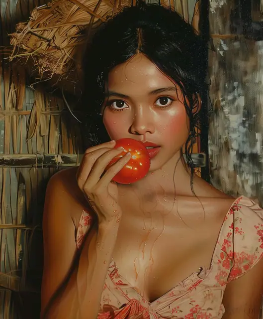Detail of plate 08: a close crop of a woman lifting a ripe tomato to her mouth.